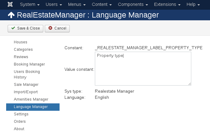 Language Manager in Real Estate manager, property management joomla listing software, Constant value before change